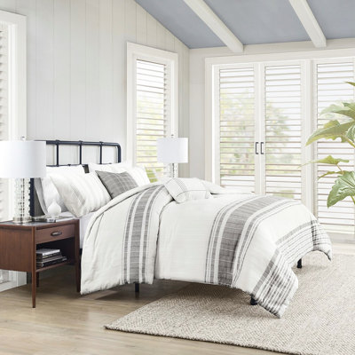 Literie 5 pièces en coton, grand lit/queen, blanc/gris, avec coussins décoratifs, facile d'entretien, lavable à la vapeur
