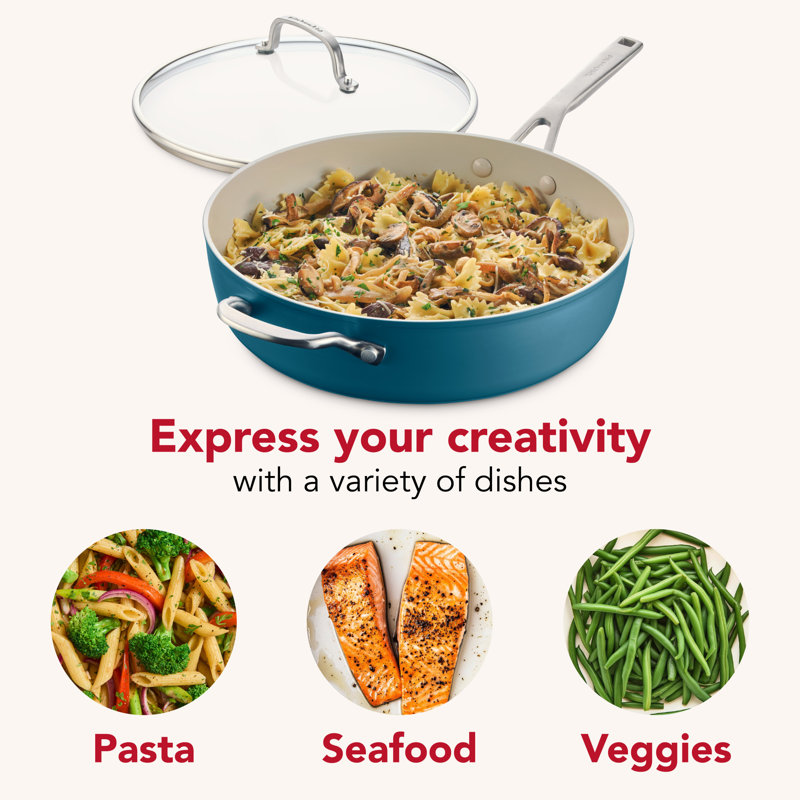 Kitchenaid Hard-Anodized Ceramic Induction Saute Pan With Lid And Helper Handle, 5-Quart, Agave, Blue