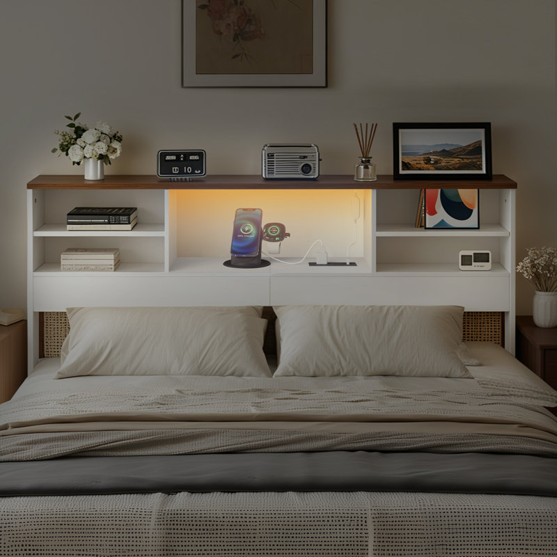 Tête de lit avec bibliothèque et tête de lit pour grand lit avec lumières DEL