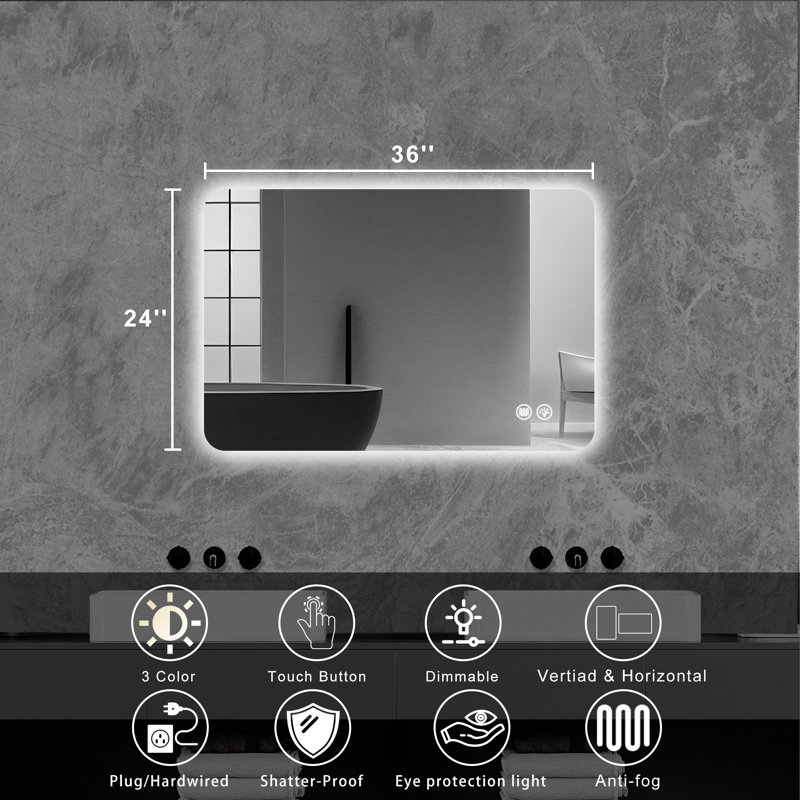 Miroir de salle de bain tricolore en verre trempé à luminosité réglable, désembuage, homologué UR et LTL, 36 po x 24 po      