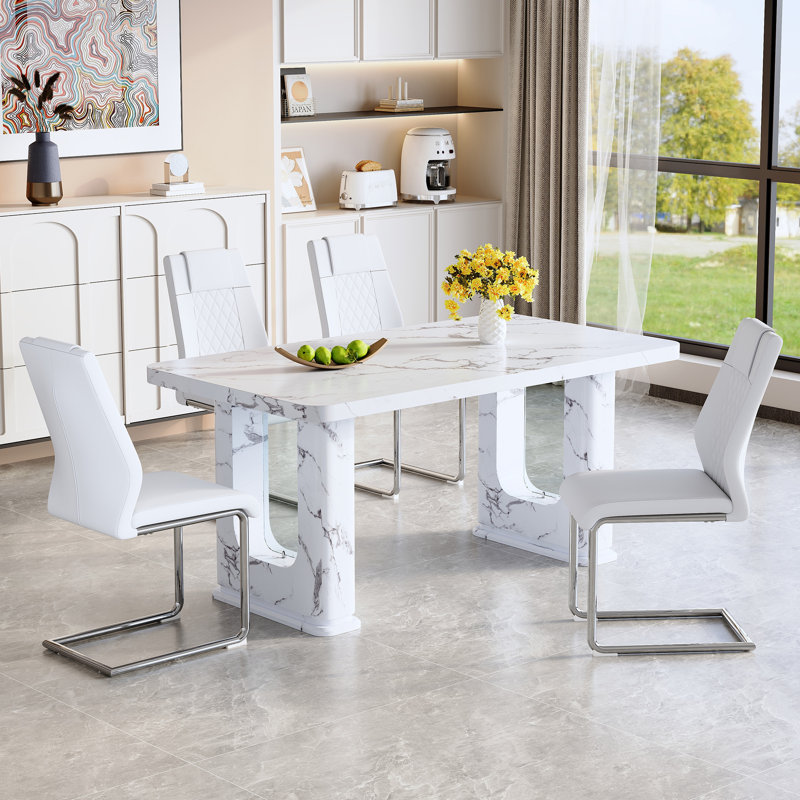 Table de salle à manger en marbre blanc moderne avec chaises en polyuréthane: panneau de fibres à densité moyenne élégant et verre pour les repas de famille