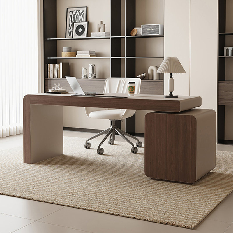 Bureau de direction rectangulaire en bois manufacturé clair avec tiroirs, Orienté vers la gauche