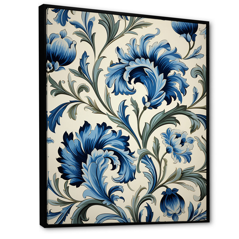 Floral Blue Turkish Tiles 1 - Art mural floral abstrait, Cadre flottant noir, H 32 po x l 16 po x P 1 po