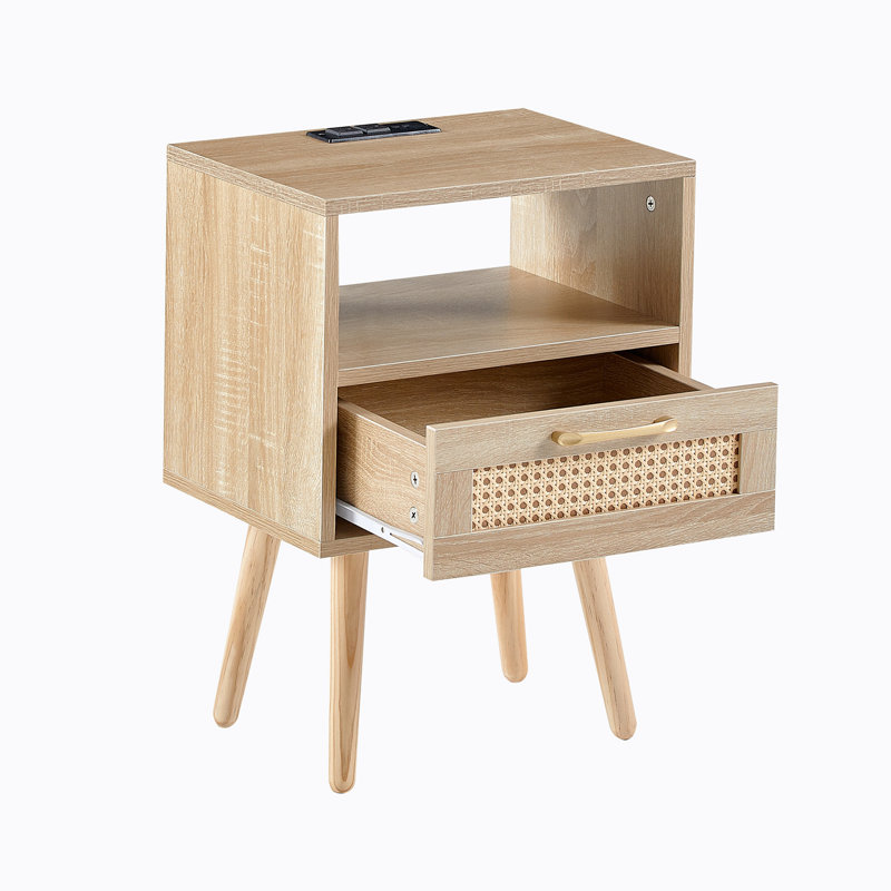 Table d'appoint avec tiroir, table de chevet moderne et pieds en bois massif Racie, Naturel