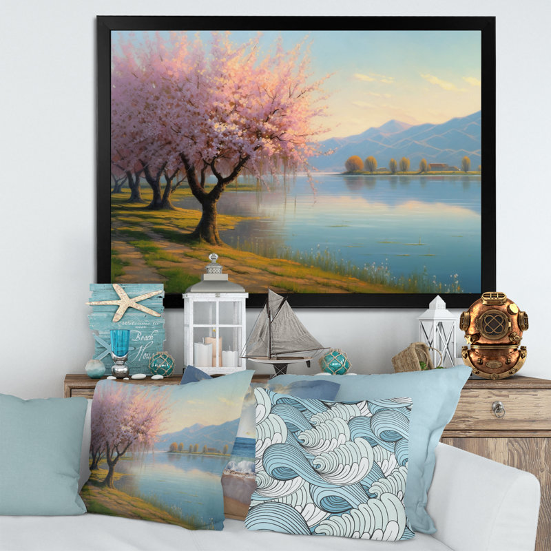 «Rous Cherry Blossom Trees» au bord de l'eau II - reproduction, Cadre simple noir, H 30 po x l 40 po x P 1,5 po