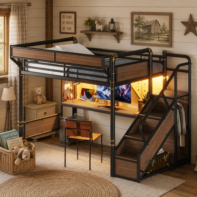 Lit mezzanine industriel avec bureau Higgins, Full, Noir
