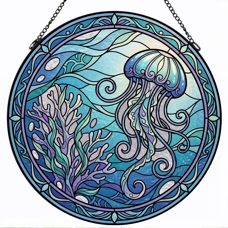 Panneau de vitrail Jellyfish Ocean, 7,8 heures, 7.8"H