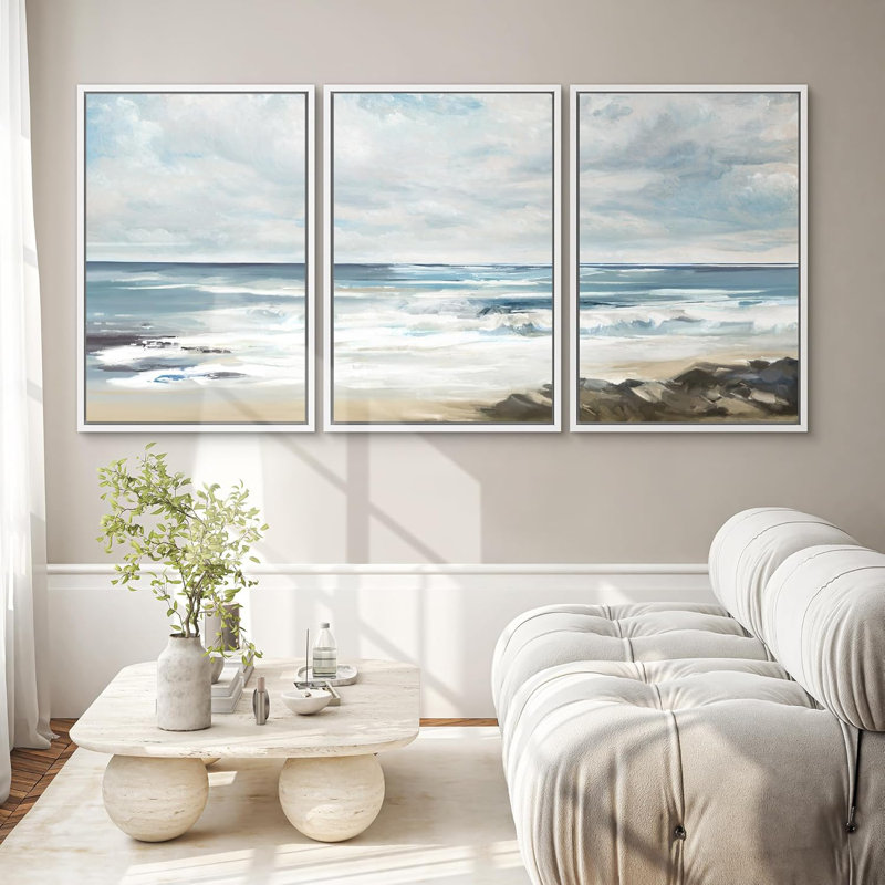 «Coastal Beach Teal Sky Ocean Wave Beach Shore», reproduction sur toile 3 pièces, H 24 po x l 48 po, Cadre flottant blanc