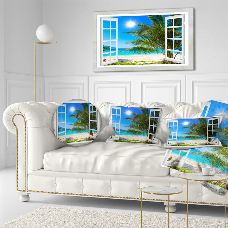 « Window Open to Beach with Palm » - impression d'art mural avec plage, impression sur toile avec plage et palmier
