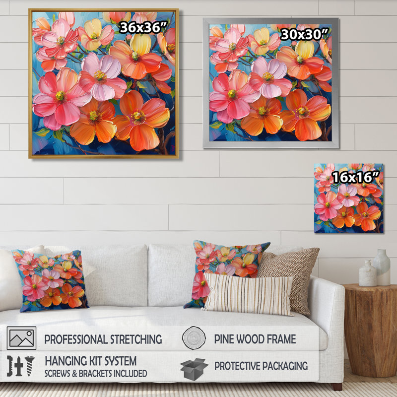 Rose, orange, vibrant, cornouiller I - cornouiller, art mural, salon, Toile encadrée noire simple, H 16 po x l 16 po x P 1 po