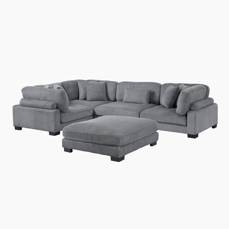 Brinsley 135" Modern 5-Piece Modular Sectional Sofa With Ottoman, Corduroy Upholstery & Foam Over Pocket Coils Comfort