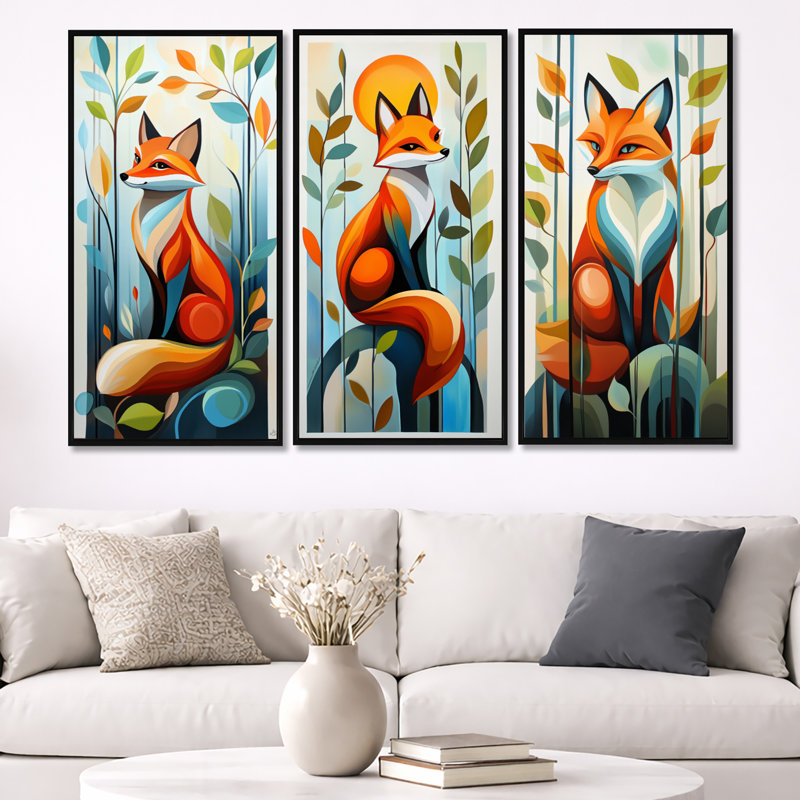 Élégant renard avec feuillage - décoration murale encadrée 3 pièces, 32" H x 48" W, Black Floater Framed