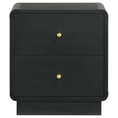 Cavy Nightstand, 2 Storage Drawers, Black Wood, Round Gold Knobs