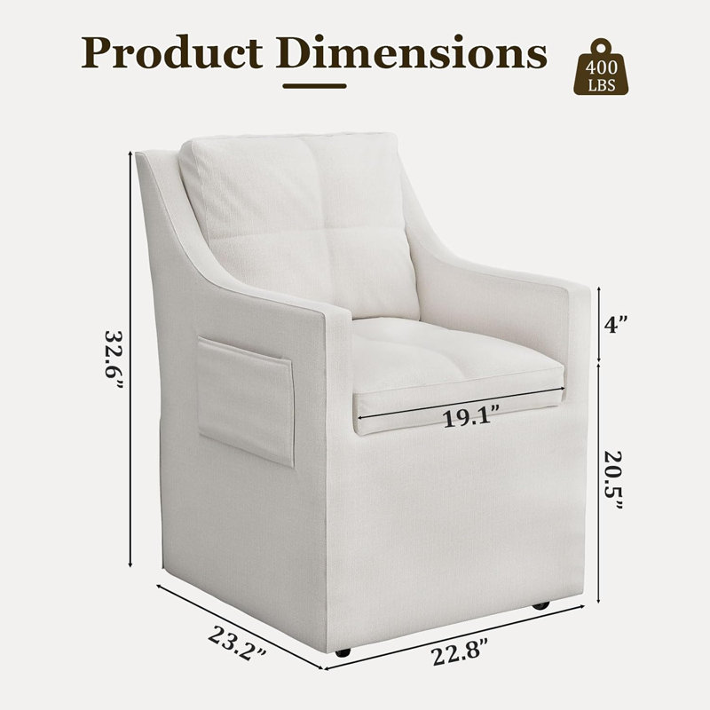 Ensemble de 2 chaises de salle à manger luxueuses avec fauteuil rembourré blanc avec poche latérale et roulettes