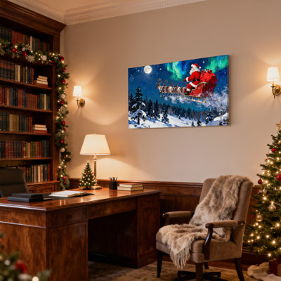 Noël, père Noël, traîneau, rennes, aurores boréales, lune, forêt enneigée, ensemble de 3 impressions sur toile