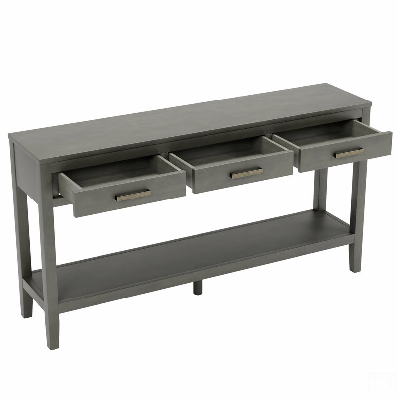 Farmhouse Entryway Table With 3 Drawers, Painted Console Table With Bottom Shelf & Iron Handles, Minimalist Sofa Table, Gray