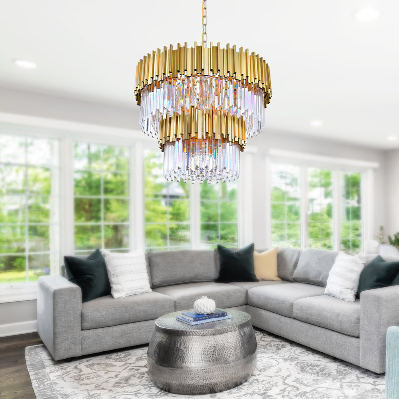 32" Medallion Gold Chandelier – 12-Light Tiered Down Chandelier with E12 Bulb Base and Crystal Prisms – BACL Certified with 1-Year Warranty