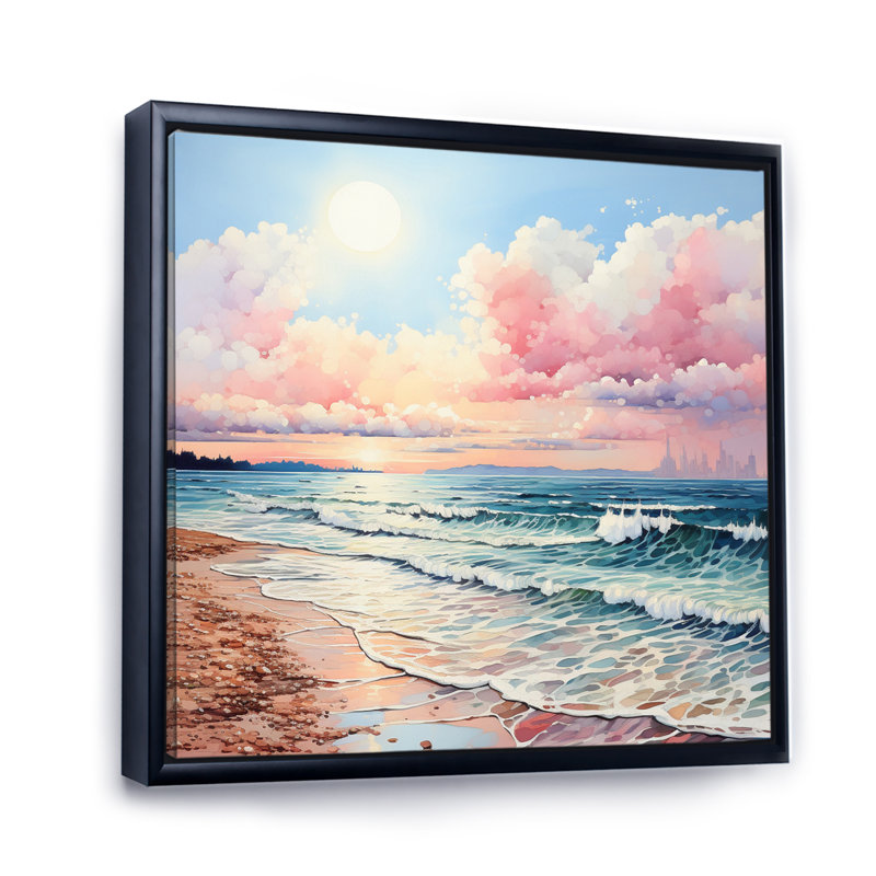 Brise de plage rose - décor d'art mural sable de plage, H 30 po x l 30 po x P 1 po, Cadre flottant noir