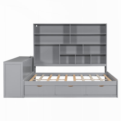 UnaNoxa Wooden Daybed With Three Drawers, Desk, Shelves And Lights