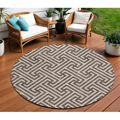 Tapis d'intérieur rond lavable géométrique brun et beige 8 pi