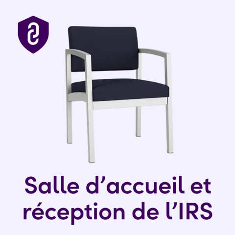 Chaise de bureau à cadre argenté et siège bleu marine avec le texte Salle d'accueil et réception de l'IRS