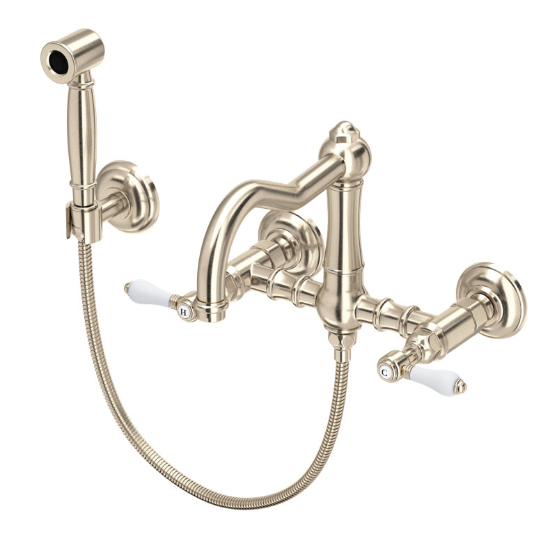 Acqui Wall Mount Bridge Kitchen Faucet With Sidespray And Column Spout, Satin Nickel