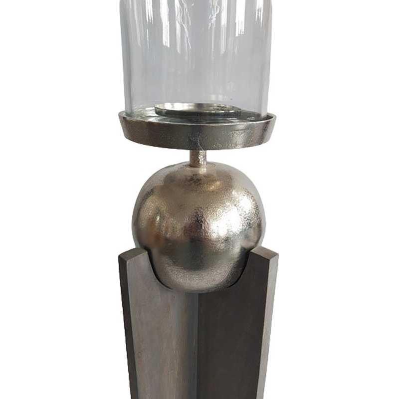 Bougeoir pilier en bois moderne avec décor sphérique en métal - Grand chandelier de table décoratif pour le salon - Gris