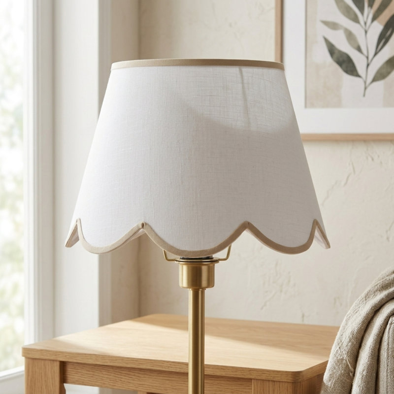 Abat-jour festonné en lin blanc avec bordure brun clair - abat-jour rigide moderne 12 po, H 9 po x l 12 po x P 6 po
