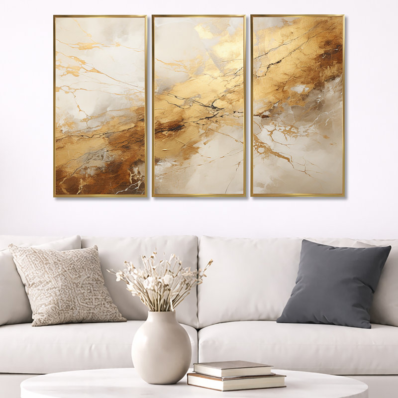 «Beige and Gold Marble Lightning I», ensemble d'art mural sur toile à formes abstraites, H 32 po x l 48 po x P 1 po