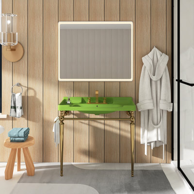 36" Bathroom Console Sink, Wall-Mounted Ceramic Vanity Basin With 3 Pre-Drilled Faucet Holes, Freestanding Stainless Steel Support Legs With Towel Bar