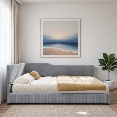 L-shaped Corduroy Daybed With Solid Frame And Striped Decoration