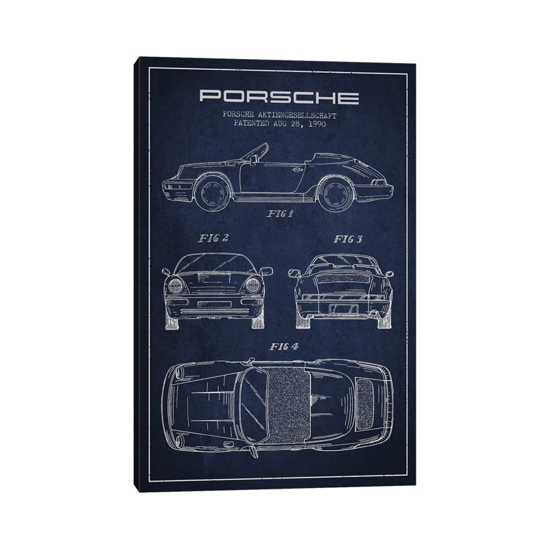 Porsche Corporation Porsche Patent Sketch (Navy Blue) by Aged Pixel - Wrapped Canvas Print