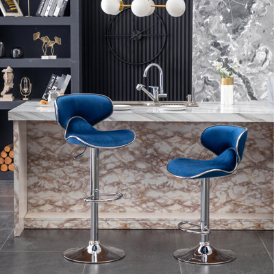 Velvet Upholstered Adjustable (2), Blue - Metal Base 360 Swivel And Footrest Air-Lift Seat Height Adjustment For Comfortable Use 2 Robust Chromed With & Foam Soft 17.87"W X 21.6"D 32.29"-41"H