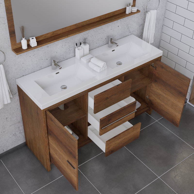 Feike 60'' Double Bathroom Vanity with Solid Surface Top, Brown