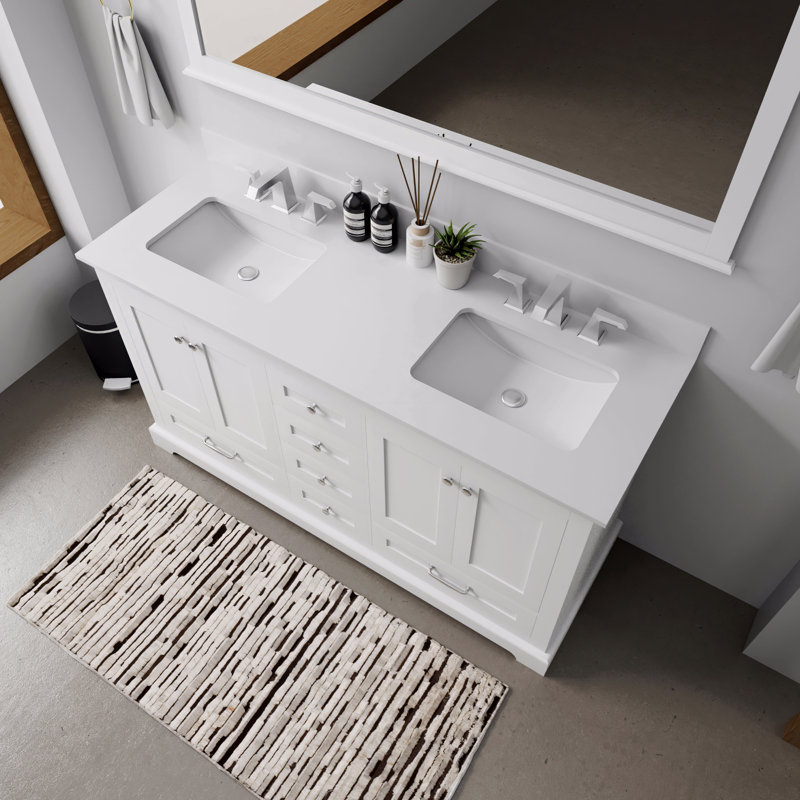 Meuble-lavabo double 60 po X P 22 po D, plateau en quartz blanc et ensemble de robinet, Blanc