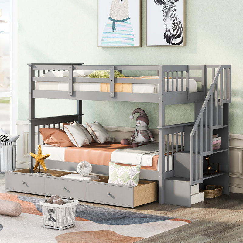 Lit superposé gris avec tiroirs Twintwin. Solide et stable. Idéal pour l'organisation de la chambre à coucher. Coffre-fort de couleur. Cadre des pieds. Maximisez l’économie d’espace. Utilisation