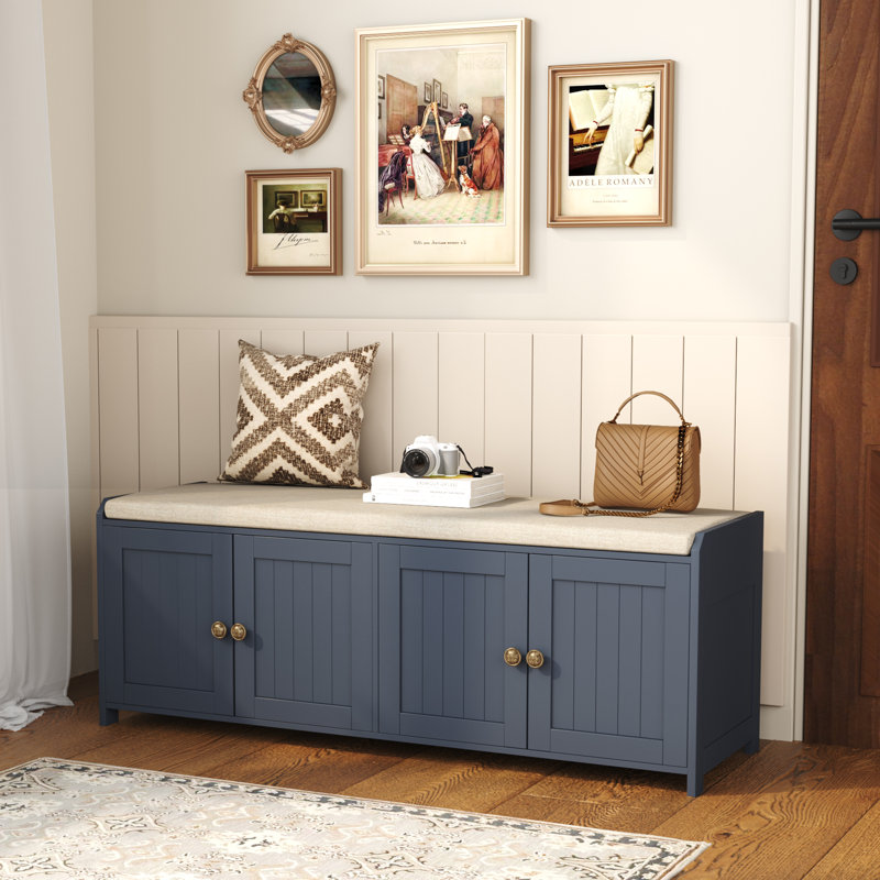 Linen Blend Upholstered Storage Bench, Blue
