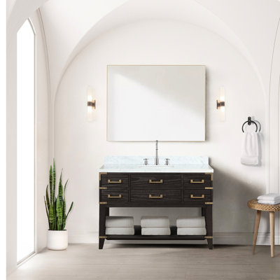 Brown Oak Single Bath Cabinet 48 In. W X 22 D, Marble Top, Faucet, And 46 Mirror - Superior Finish Vanity D With Slab Distinctive Feature