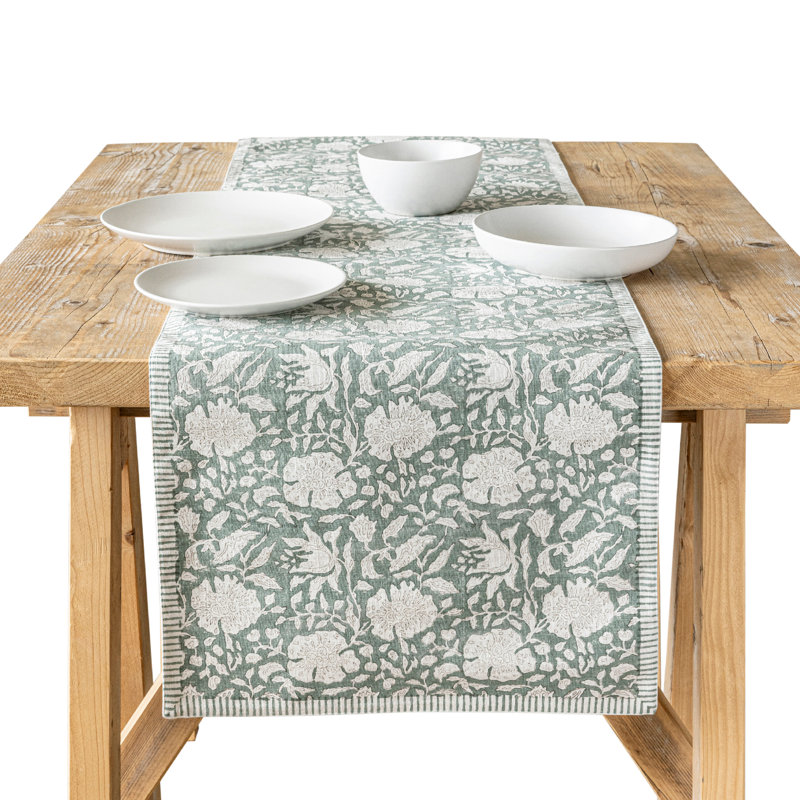 over&back Hand-Blocked Printed Cotton Table Runner, Green Floral, 18" W x 108" L