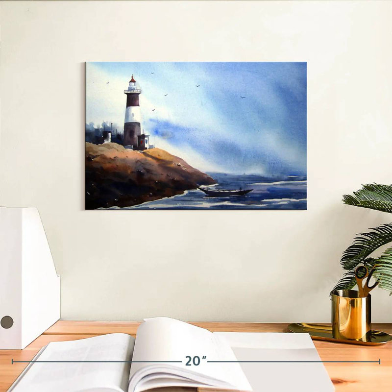 Bateau au bord de la mer, phare, H 8 po x l 12 po