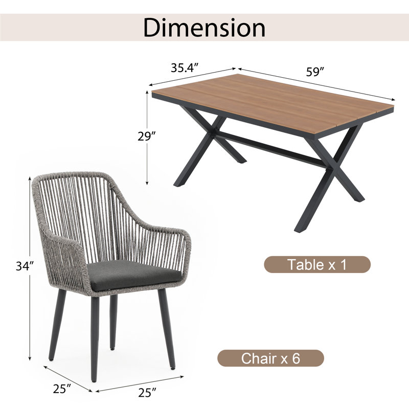 Ensemble repas d'extérieur rectangulaire avec coussins 6 personnes Sikata, Structure gris clair / coussin gris
