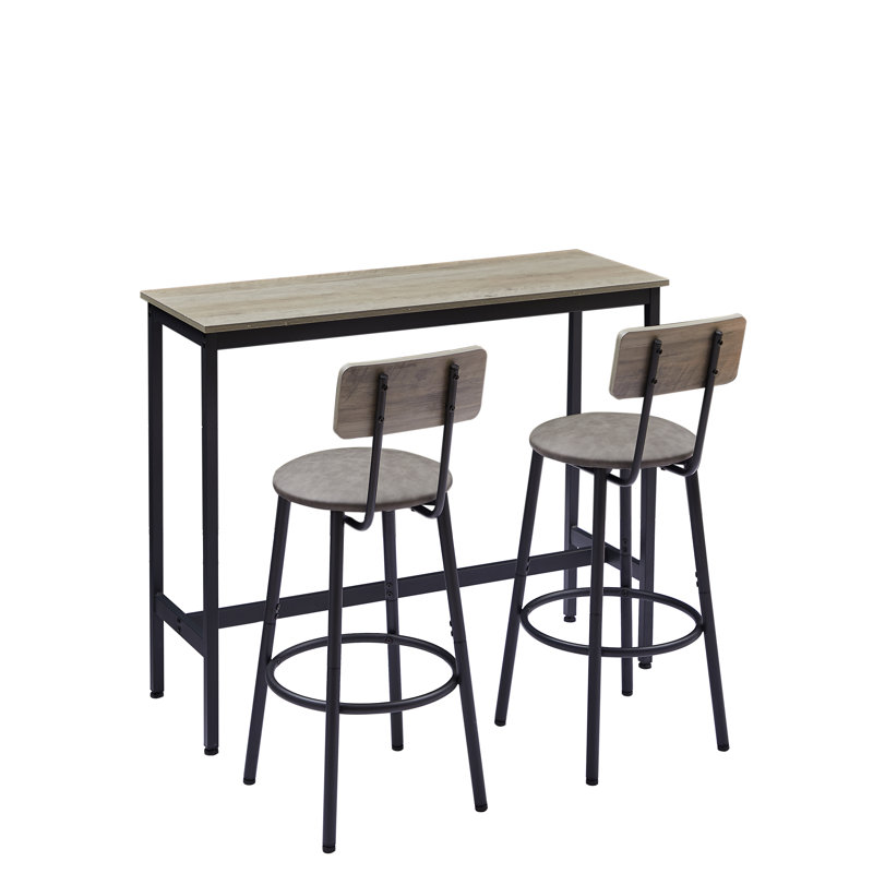 Ensemble de table de bar 3 pièces Minimalist Industrial avec 2 tabourets de dossier, gris rustique et noir, Gris