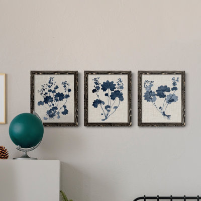 " Navy And Linen Leaves II " 3 - Pieces Painting Print