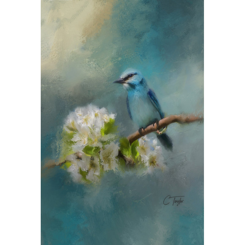 « blue song oiseau », reproduction de peinture à l’acrylique sur toile tendue, H 18 po x l 12 po