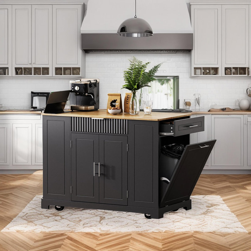 Kitchen Island with Trash Can Storage Cabinet, Black