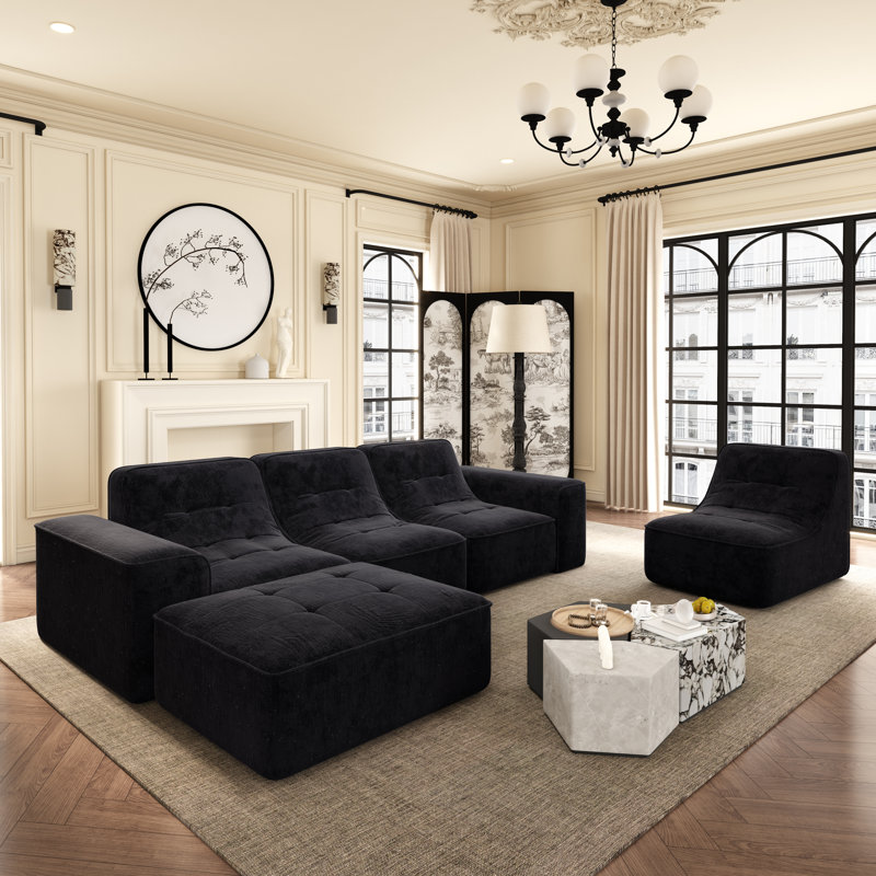 Luxora Modern Tufted Modular Sectional Sofa, Black Chenille