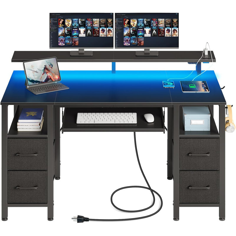 47.2" LED Computer Desk With Power Outlets, 4 Drawers, Keyboard Tray & Monitor Stand For Home Office, Study & Gaming