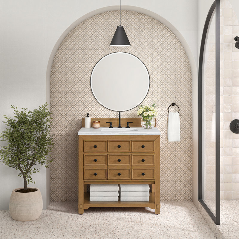 Malibu 36'' W Single Vanity, White Zeus, Widespread, Amber Birch