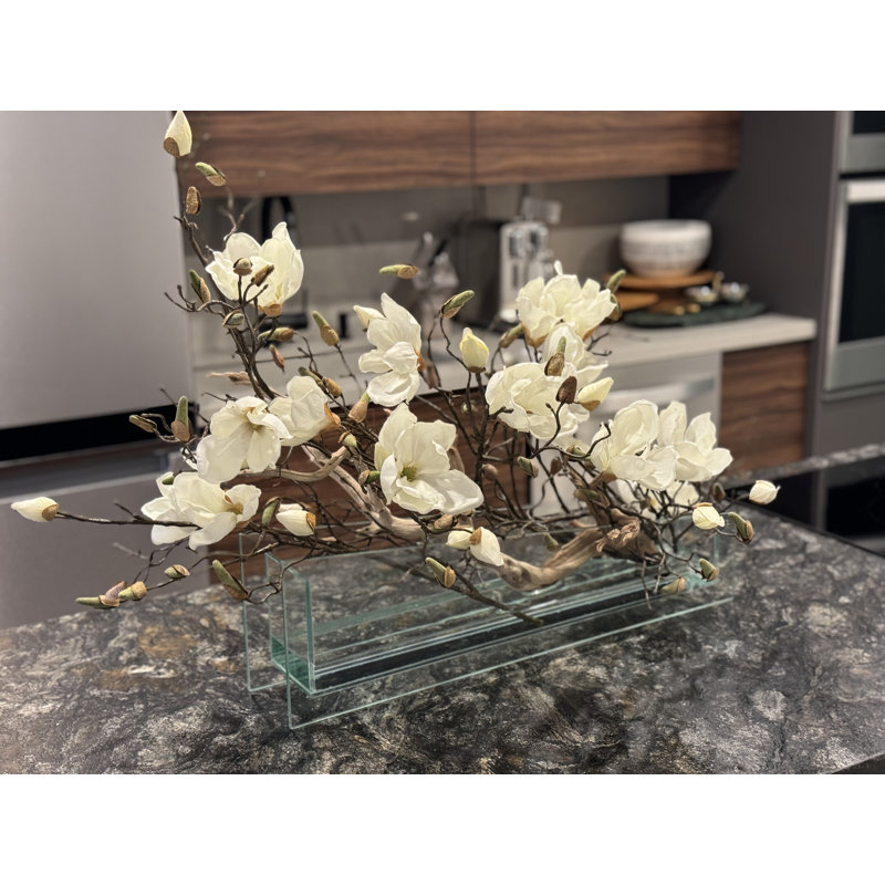 Sloped Glass Planter With White Magnolias