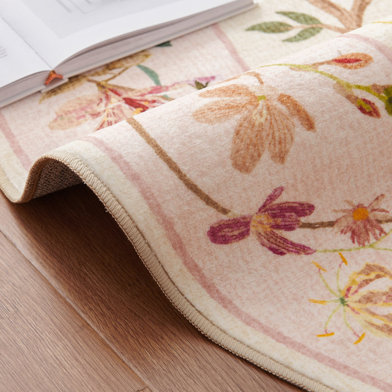 Chinoiserie Vintage Floral Rug Washable Non-slip, Round 4', Pink